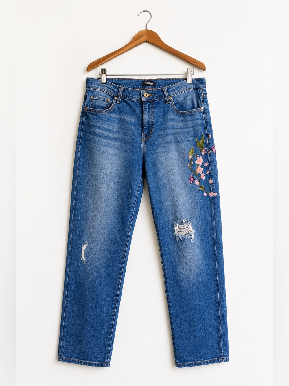 Floral Embroidered Distressed Boyfriend Jeans Size 14 Relaxed Fit Denim Pants